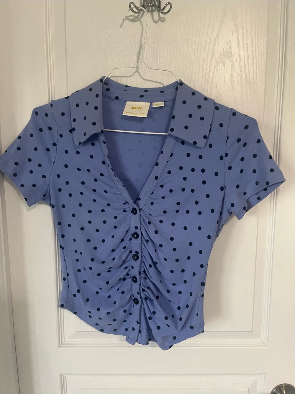 Anthropologie Periwinkle Blue Polka Dot Ruched Button-Front Top